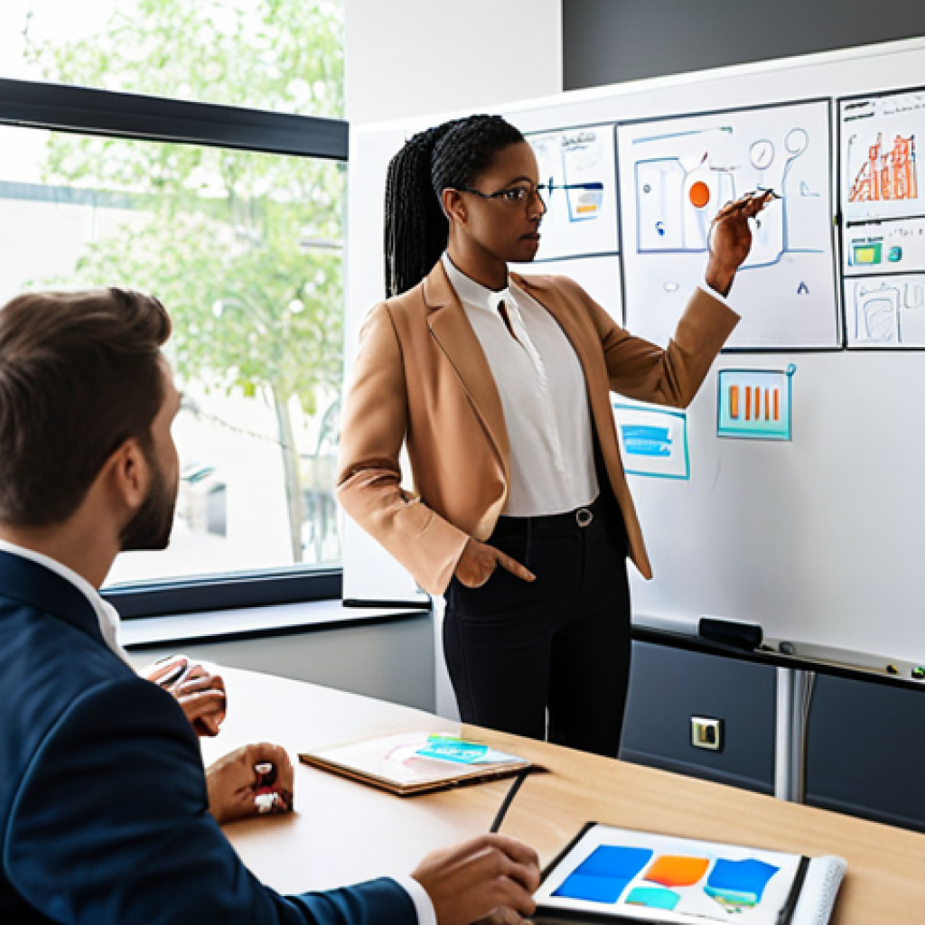 A collaborative brainstorming session in a modern office. Diverse professionals are gathered around a whiteboard covered with ideas, some generated by AI tools displayed on nearby screens. Focus on the blending of human creativity and AI assistance, highlighting the concept of "Untouchable Creativity."