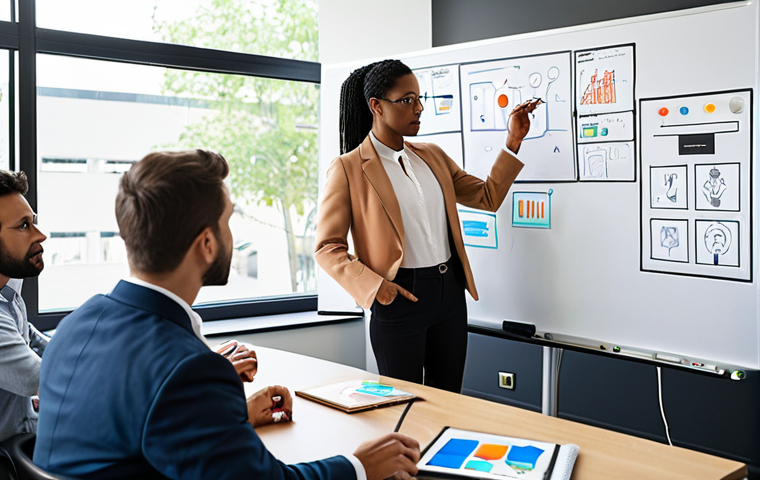 A collaborative brainstorming session in a modern office. Diverse professionals are gathered around a whiteboard covered with ideas, some generated by AI tools displayed on nearby screens. Focus on the blending of human creativity and AI assistance, highlighting the concept of "Untouchable Creativity."