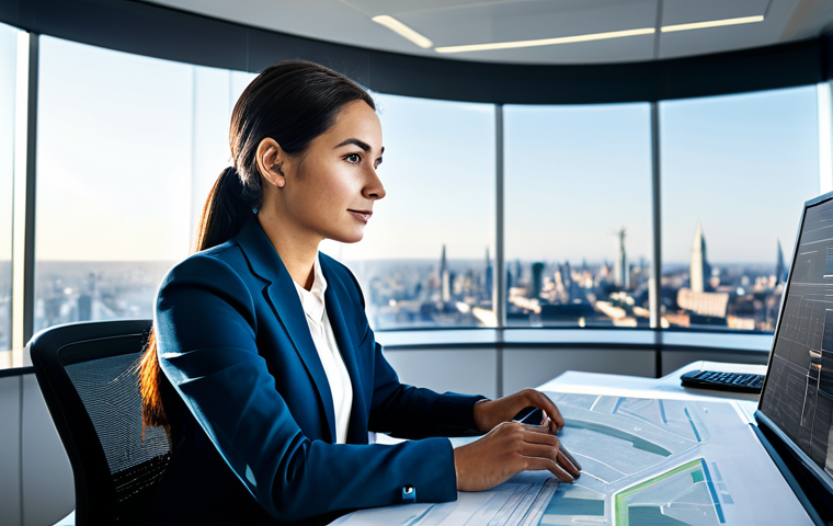 A skilled professional, fully clothed in modest business attire, sits thoughtfully at a sleek desk in a futuristic, sunlit office with a panoramic city view. They are reviewing data on a large, transparent screen displaying complex market trends and strategic roadmaps, conveying a focus on future-proofing skills and personalized growth. Perfect anatomy, correct proportions, natural pose, well-formed hands, proper finger count, natural body proportions. Professional photography, high resolution, soft lighting. safe for work, appropriate content, fully clothed, professional, modest, family-friendly.