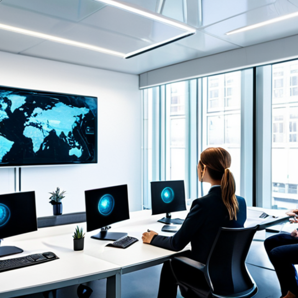 The Future of Work - Human & AI Collaboration**

"A bright, modern office space. A diverse team of professionals collaborates around a large interactive screen displaying complex data visualizations. In the background, sleek robotic arms assist with tasks. The scene emphasizes teamwork, innovation, and the integration of human and artificial intelligence. Professionals are fully clothed in appropriate business attire. Safe for work, professional, perfect anatomy, natural proportions, high quality, appropriate content."

**