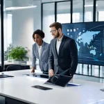 자동화 대응을 위한 직무 재설계 전략 - **Prompt:** A dynamic, wide-angle shot of a modern, open-plan office space bathed in natural light. ...