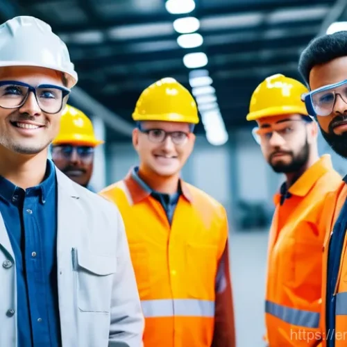 산업별 자동화 기술 동향 분석 - **Prompt:** A diverse group of engineers and technicians, wearing modern, clean factory workwear and...