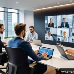 Home 21 자동화 시대의 취업 준비법 - A modern office scene showing a diverse group of professionals engaged in a hybrid work meeting via ...