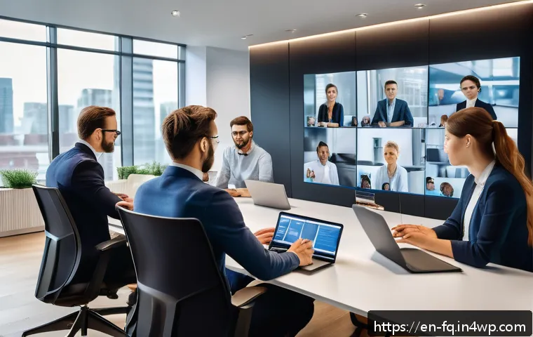 자동화 시대의 취업 준비법 - A modern office scene showing a diverse group of professionals engaged in a hybrid work meeting via ...