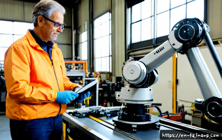 Home 17 AI 기술 도입 후 직업 변화의 사례 연구 - Photorealistic modern American manufacturing workshop, experienced middle-aged machine operator in s...